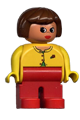 Duplo Figure, Female, Red Legs, Yellow Blouse with Red Buttons, Brown Hair - 4555pb022