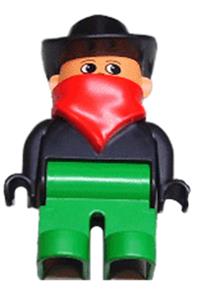 Duplo Figure, Male, Green Legs, Black Top, Red Scarf, Cowboy Hat 4555pb024