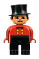 Duplo Figure, Male, Black Legs, Red Top, Top Hat - 4555pb036