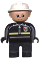 Duplo Figure, Male Fireman, Black Legs, Black Top with Fire Logo and Zipper, White Fire Helmet - 4555pb045
