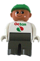 Duplo Figure, Male, Dark Gray Legs, White Top with Octan Logo, Green Helmet - 4555pb056