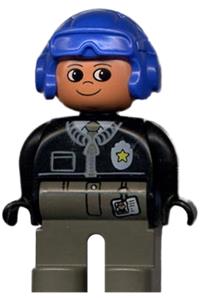 Duplo Figure, Male Police, Dark Gray Legs, Black Top with Zipper, Tie and Badge, Blue Aviator Helmet 4555pb060