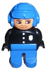 Duplo Figure, Male Police, Blue Legs, Black Top with 3 Buttons and Badge, Blue Aviator Helmet and Nose Bow Line Up 4555pb062