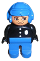 Duplo Figure, Male Police, Blue Legs, Black Top with 3 Buttons and Badge, Blue Aviator Helmet and Nose Bow Line Up - 4555pb062