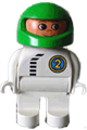 Duplo Figure, Male, White Legs, White Top with Black Zipper and Racer #2, Green Helmet - 4555pb068