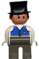 Duplo Figure, Male, Dark Gray Legs, White Top with Blue Vest with Pocket and Two Buttons, Black Top Hat - 4555pb074