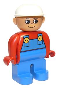 Duplo Figure, Male, Blue Legs, Red Top with Blue Overalls, Construction Hat White, Turned Up Nose 4555pb076