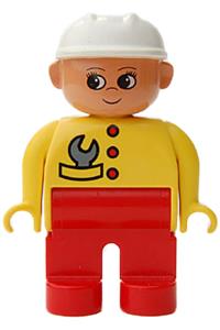 Duplo Figure, Female, Red Legs, Yellow Top with Red Buttons & Wrench in Pocket, Construction Hat White 4555pb077