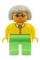Duplo Figure, Female, Medium Green Legs, Yellow Blouse with Collar, Gray Hair, Glasses - 4555pb084