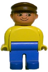 Duplo Figure, Male, Blue Legs, Yellow Top, Brown Cap, with White in Eyes Pattern 4555pb086