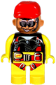 Duplo Figure, Male Action Wheeler, Yellow Legs, Yellow Top with Yellow/Black/Red Parachute, Red Cap, Beard, Sunglasses and Headphone - 4555pb091