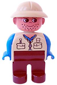 Duplo Figure, Male, Brown Legs, Tan Top, Blue Arms, Tan Pith Helmet, Facial Stubble 4555pb103