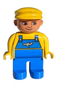 Duplo Figure, Male, Blue Legs, Yellow Top with Blue Overalls with Airplane, Yellow Cap 4555pb105