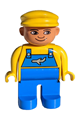 Duplo Figure, Male, Blue Legs, Yellow Top with Blue Overalls with Airplane, Yellow Cap - 4555pb105