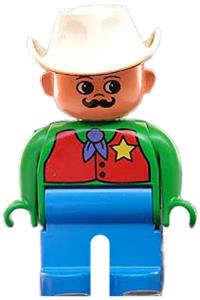 Duplo Figure, Male, Blue Legs, Green Top with Red Vest with Sheriff Star, Moustache, White Cowboy Hat 4555pb118