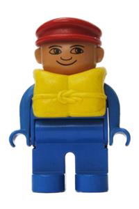 Duplo Figure, Male, Blue Legs, Blue Top, Life Jacket, Red Cap, no White in Eyes pattern 4555pb126