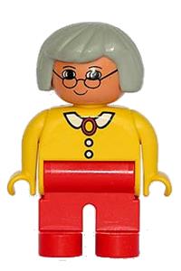 Duplo Figure, Female, Red Legs, Yellow Blouse with White Collar and 2 Buttons, Gray Hair, Glasses 4555pb132