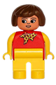 Duplo Figure, Female, Yellow Legs, Red Top With Yellow Polka Dot Scarf, Yellow Arms, Brown Hair, with Nose, with White in Eyes Pattern - 4555pb142