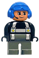 Duplo Figure, Male Police, Dark Gray Legs, Black Top with Silver Harness and Yellow Stars, Headset, Blue Aviator Helmet - 4555pb147
