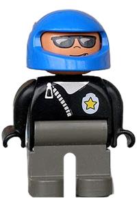 Duplo Figure, Male Police, Dark Gray Legs, Black Top Zippered Jacket and Police Badge, Blue Helmet 4555pb148