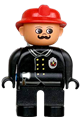 Duplo Figure, Male Fireman, Black Legs, Black Top with Flame Logo, Red Fire Helmet, Moustache - 4555pb151