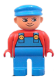Duplo Figure, Male, Blue Legs, Red Top with Blue Overalls, Blue Cap, Turned Down Nose - 4555pb155