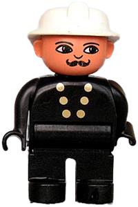 Duplo Figure, Male Fireman, Black Legs, Black Top with 6 Yellow Buttons, White Fire Helmet, Moustache 4555pb156