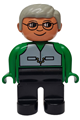 Duplo Figure, Male, Black Legs, Green Top with Vest, Gray Hair, Glasses - 4555pb166