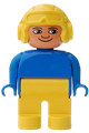 Duplo Figure, Male, Yellow Legs, Blue Top, Aviator Helmet Yellow - 4555pb169