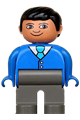 Duplo Figure, Male, Dark Gray Legs, Blue Top With 2 Buttons And Tie, Black Hair - 4555pb172