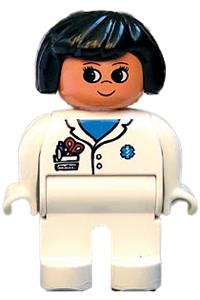 Duplo Figure, Female Medic, White Legs, White Top with Pocket and EMT Star of Life Pattern, Black Hair 4555pb175
