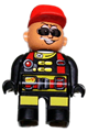 Duplo Figure, Male Action Wheeler, Black Legs with Yellow Patches, Red Straps, Sunglasses, Red Cap - 4555pb182