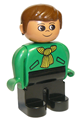 Duplo Figure, Male, Black Legs, Green Top with Yellow Scarf, Brown Hair - 4555pb190