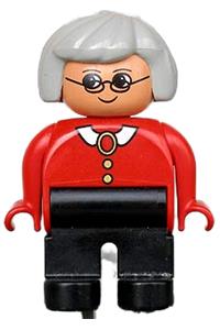 Duplo Figure, Female, Black Legs, Red Blouse with White Collar, Gray Hair, Glasses 4555pb212