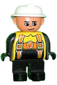 Duplo Figure, Male Fireman, Black Legs, Yellow Top with Flame and Orange Suspenders, White Fire Helmet, no Moustache 4555pb250