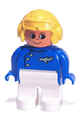 Duplo Figure, Male, White Legs, Blue Top with Plane Logo, Yellow Aviator Helmet, Turned Up Nose - 4555pb263