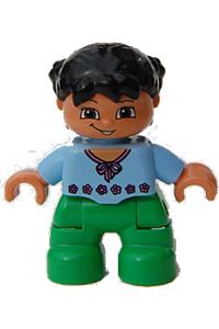 Duplo Figure Lego Ville, Child Girl, Bright Green Legs, Light Blue Top with Red Flowers, Black Hair 47205pb001