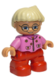 Duplo Figure Lego Ville, Child Girl, Red Legs, Dark Pink Top With Flowers, Light Blond Hair With Ponytail, Glasses - 47205pb006