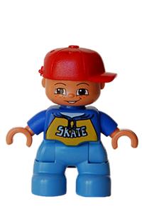 Duplo Figure Lego Ville, Child Boy, Medium Blue Legs, Blue Top with &#39;SKATE&#39; Pattern, Red Cap, Freckles 47205pb011