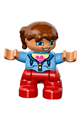 Duplo Figure Lego Ville, Child Girl, Red Legs, Medium Blue Jacket over Shirt with Flower, Reddish Brown Pigtails - 47205pb030