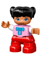 Duplo Figure Lego Ville, Child Girl, Red Legs, Bright Pink Top with Bow Tie, Black Hair with Ponytails - 47205pb032