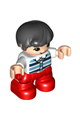 Duplo Figure Lego Ville, Child Boy, Red Legs, White Top with Medium Azure and Dark Blue Stripes, Black Hair - 47205pb077