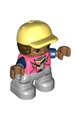 Duplo Figure Lego Ville, Child Boy, Light Bluish Gray Legs, Coral Top with Dark Blue Arms, Dark Brown Hair, Bright Light Yellow Cap - 47205pb080
