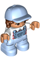 Duplo Figure Lego Ville, Child Girl, Bright Light Blue Legs with Overalls, White Top, Reddish Brown Hair, Bright Light Blue Cap - 47205pb088