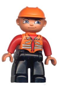Duplo Figure Lego Ville, Male, Black Legs, Orange Vest, Orange Construction Helmet 47394pb001
