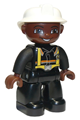Duplo Figure Lego Ville, Male Fireman, Black Legs, Black Hands, White Helmet, Brown Face - 47394pb010