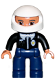 Duplo Figure Lego Ville, Male Police, Dark Blue Legs, Black Top with Badge, Black Arms, White Helmet - 47394pb024