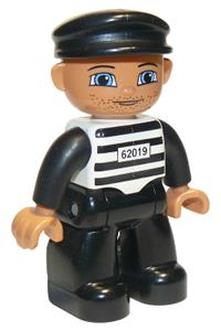 Duplo Figure Lego Ville, Male Prisoner, Black Cap, Light Nougat Head and Hands, Black and White Striped Shirt with &#39;62019&#39;, Black Legs 47394pb035
