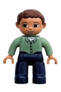 Duplo Figure Lego Ville, Male, Dark Blue Legs, Sand Green Top with Buttons, Reddish Brown Hair, Brown Eyes 47394pb036