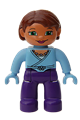 Duplo Figure Lego Ville, Female, Dark Purple Legs, Bright Light Blue Top and Hands, Reddish Brown Hair, Green Eyes - 47394pb040